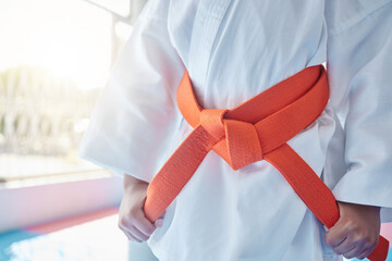 Martial arts, belt and student in studio for fitness, training and fight with orange bow and discipline. Girl, kung fu and ready in dojo as workout for self defense, karate and taekwondo development © Fanti/peopleimages.com