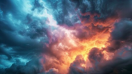 Dramatic storm clouds part to reveal a stunning sunset, the sky bursting with vivid hues.