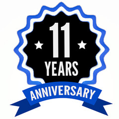 Celebrating 11 years anniversary label with blue ribbon. 3d render.