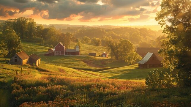 Dramatic sunrise casting a warm, golden glow over a picturesque, rural farmstead nestled in a lush, rolling landscape.
