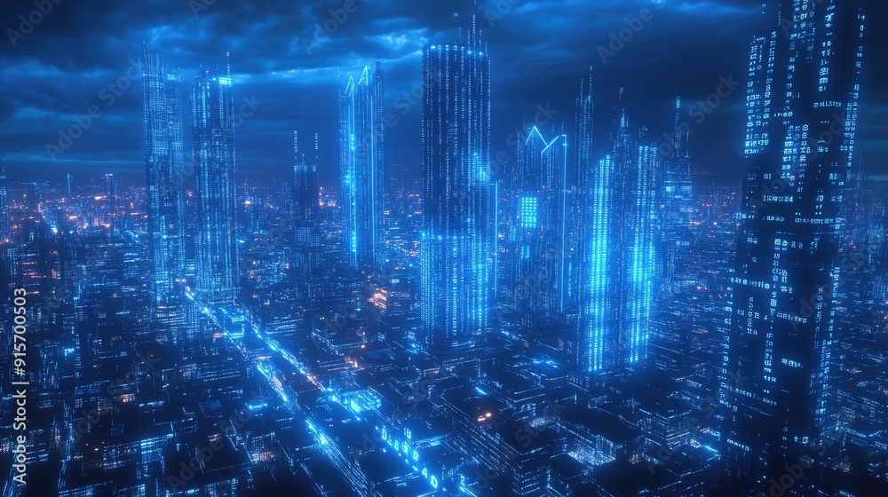Poster neon blue illuminated cityscape with digital binary code streams. high-tech design showcasing data f