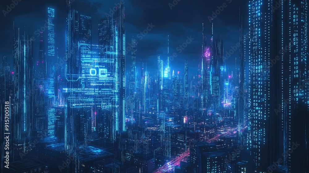 Poster neon blue illuminated cityscape with digital binary code streams. high-tech design showcasing data f