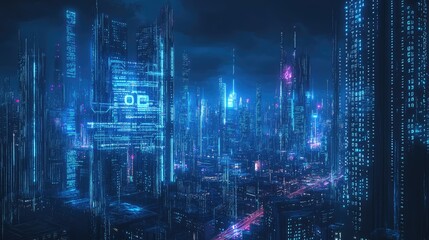 Neon blue illuminated cityscape with digital binary code streams. High-tech design showcasing data flow and digital innovation.