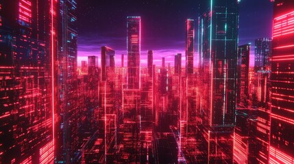 Fototapeta premium Neon dark city with a cyberpunk aesthetic and red light technology. 3D rendering showcasing vibrant neon lights and futuristic details.
