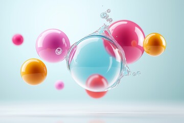 A colorful array of bubbles floating in the air. The bubbles are of different colors, including pink, orange, and blue. Concept of playfulness and joy, as the bubbles seem to be dancing