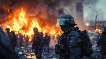 Apocalyptic scene with several riot police and fire in the background