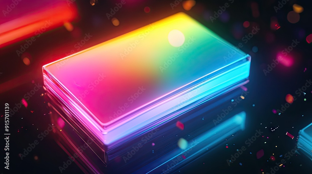 Poster neon multicolored rectangular object glowing brightly in the dark, creating an abstract effect.