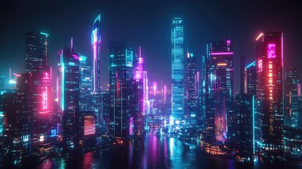 Obraz premium Neon lights illuminate a futuristic city skyline at night. Panoramic view of high-tech skyscrapers and a dark cyberpunk backdrop.