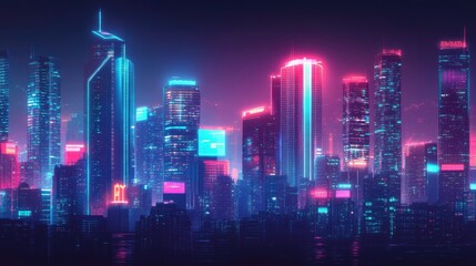 Fototapeta premium Neon lights illuminate a futuristic city skyline at night. Panoramic view of high-tech skyscrapers and a dark cyberpunk backdrop.