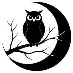 owl perched on a tree branch against a full moon silhouette Vector with a white background
