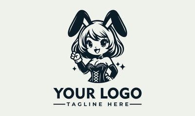 Smiling bunny girl in corset, waving, in logo vector illustration. Suitable for Easter, greeting cards, and fashion design projects.