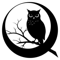 owl perched on a tree branch against a full moon silhouette Vector with a white background
