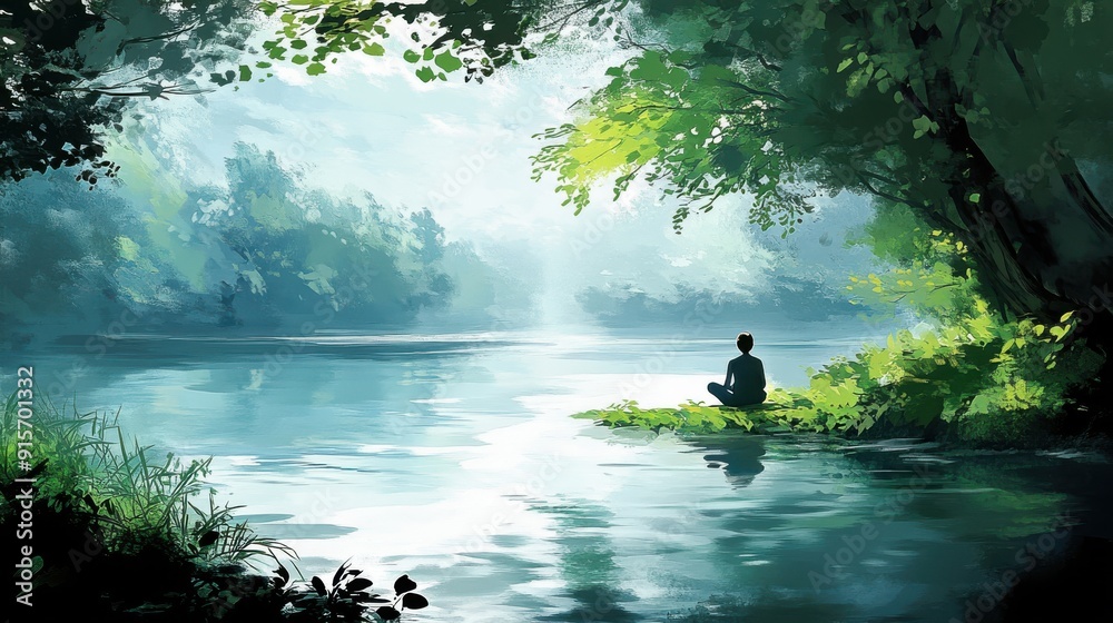 Wall mural meditative person by river surrounded by lush forest, digital art style, peaceful scenery