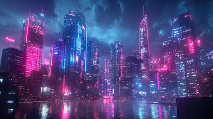 Fototapeta premium Neon-lit futuristic city skyline showcasing advanced digital architecture and vibrant lights. Digital art.