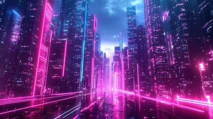 Naklejka premium Neon-lit futuristic city skyline showcasing advanced digital architecture and vibrant lights. Digital art.