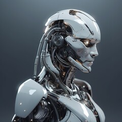 Fototapeta premium Close-up of a white robot head with visible mechanical parts.