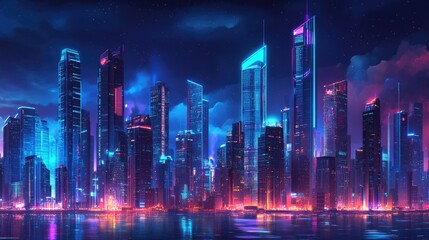 Fototapeta premium Neon-lit night city with futuristic skyscrapers and modern buildings. Dark cyberpunk-themed background with a panoramic cityscape view.