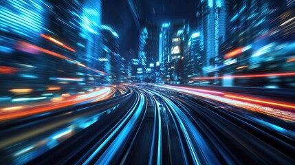 Obraz premium Night city with a high-speed hyperloop. Blurred lights from buildings enhance the futuristic tech concept in the 3D illustration.