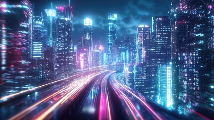 Fototapeta premium Nighttime city with a high-speed hyperloop. Blurred lights from buildings create a vibrant and futuristic 3D illustration.