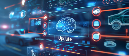A digital interface displays "Update" with an automobile icon, surrounded by data transfer symbols and a brain-shaped AI symbol inside a car dashboard