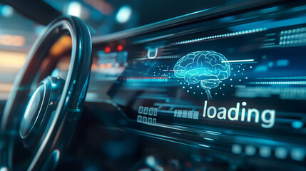 A modern car interior with an advanced display showing "loading" and AI brain wave graphics. In muted tones, the blurred background emphasizes the futuristic data curves on screen.