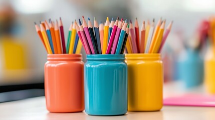 Three vases of colored pencils are arranged on a table. The vases are of different colors and sizes, and the pencils are of various colors as well. Concept of creativity and organization