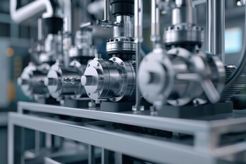 Fototapeta premium Machinery and equipment in modern industrial factory, closeup view of mechanical parts, advanced manufacturing technology concept