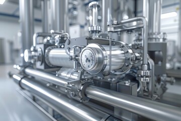 Fototapeta premium Industrial machinery, modern factory equipment, stainless steel pipes, detailed engineering, manufacturing technology concept