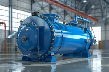 Industrial blue pressure vessel in factory setting, stainless steel cylindrical tank, heavy machinery concept - Powered by Adobe