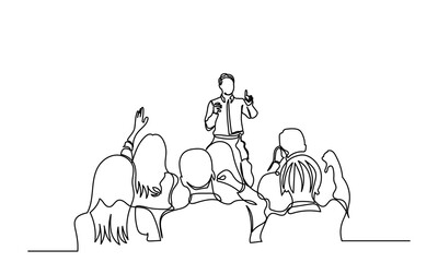 One continuous line drawing of the Audience in the conference hall. The public speaker talks and gives instructions in the conference hall. The public speaker in lectures, in front of the audience.