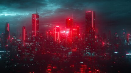 Obraz premium Red neon lights cast a glow over a dark cyberpunk city. 3D illustration with a technology-rich background and futuristic ambiance. -