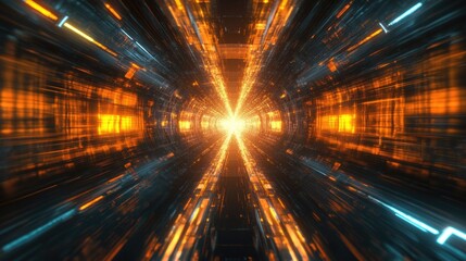 Fototapeta premium Reflective textured tunnel with bright, glowing lights extending infinitely. Sci-fi background.