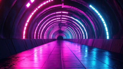 Reflective textured tunnel with bright, glowing lights extending infinitely. 3D illustration.