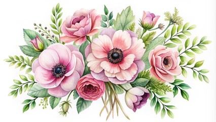 Delicate watercolor set featuring a pink anemone bouquet, fresh greenery, and a tiny boutonniere, surrounded by soft, floral-hued splashes, perfect for elegant designs.