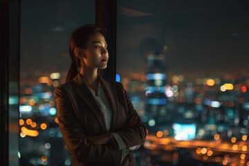 Fototapeta premium Professional woman viewing city skyline at night