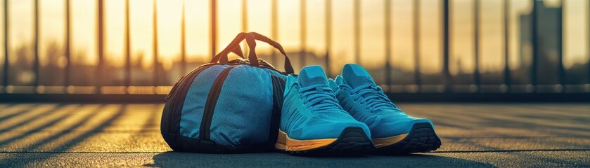 Energizing Monday Morning Workout with Running Shoes and Gym Bag Under the Bright Day