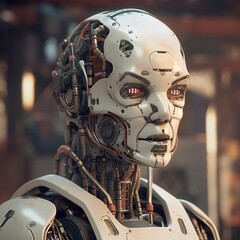 Close-up of a robot's head with exposed wiring and glowing red eyes.