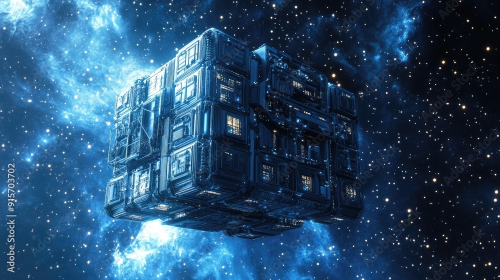 Poster sci-fi space station with a cubic design, floating in a starry background. 3d rendering.