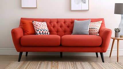 Stylish Orange Sofa With Decorative Cushions in Modern Living Room Decor