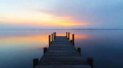 Obraz premium Tranquil Monday Morning Sunrise on the Pier with Calm Waters