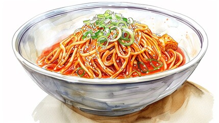 Bibim naengmyeon (spicy mixed buckwheat noodles) in a bowl,Clipart, watercolor illustration, Perfect for nursery art The style is hand  drawn, white background