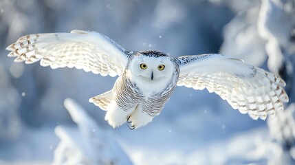 Snowy Owl in Flight with Wings Spread in a Snowy Landscape