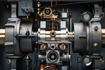 Fototapeta premium Complex, intricate machine interior with detailed metal components and copper accents, industrial engineering concept