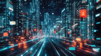 Fototapeta premium Street in a metaverse city with glowing holograms and blockchain integration. Digital illustration.