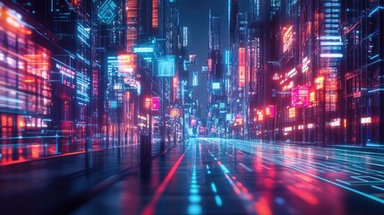 Obraz premium Street in a metaverse city with glowing holograms and blockchain integration. Digital illustration.