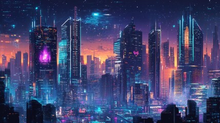 Obraz premium Urban skyline of a future city with skyscrapers adorned in neon lights and digital displays. Digital illustration.