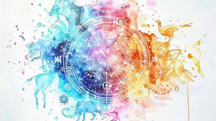 Horoscope chart with astrological houses,Clipart, watercolor illustration, Perfect for nursery art The style is hand  drawn, white background