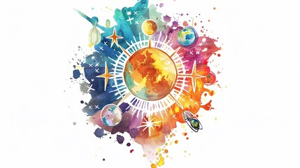 Obraz premium Horoscope chart with astrological houses,Clipart, watercolor illustration, Perfect for nursery art The style is hand drawn, white background