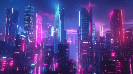 Obraz premium Urban skyline of a future city with skyscrapers adorned in neon lights and digital displays. Digital illustration.