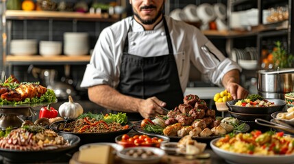 Obraz premium chef using the same cooking technique to prepare different styles of cuisine, with dishes from various cultures beautifully plated on a kitchen counter